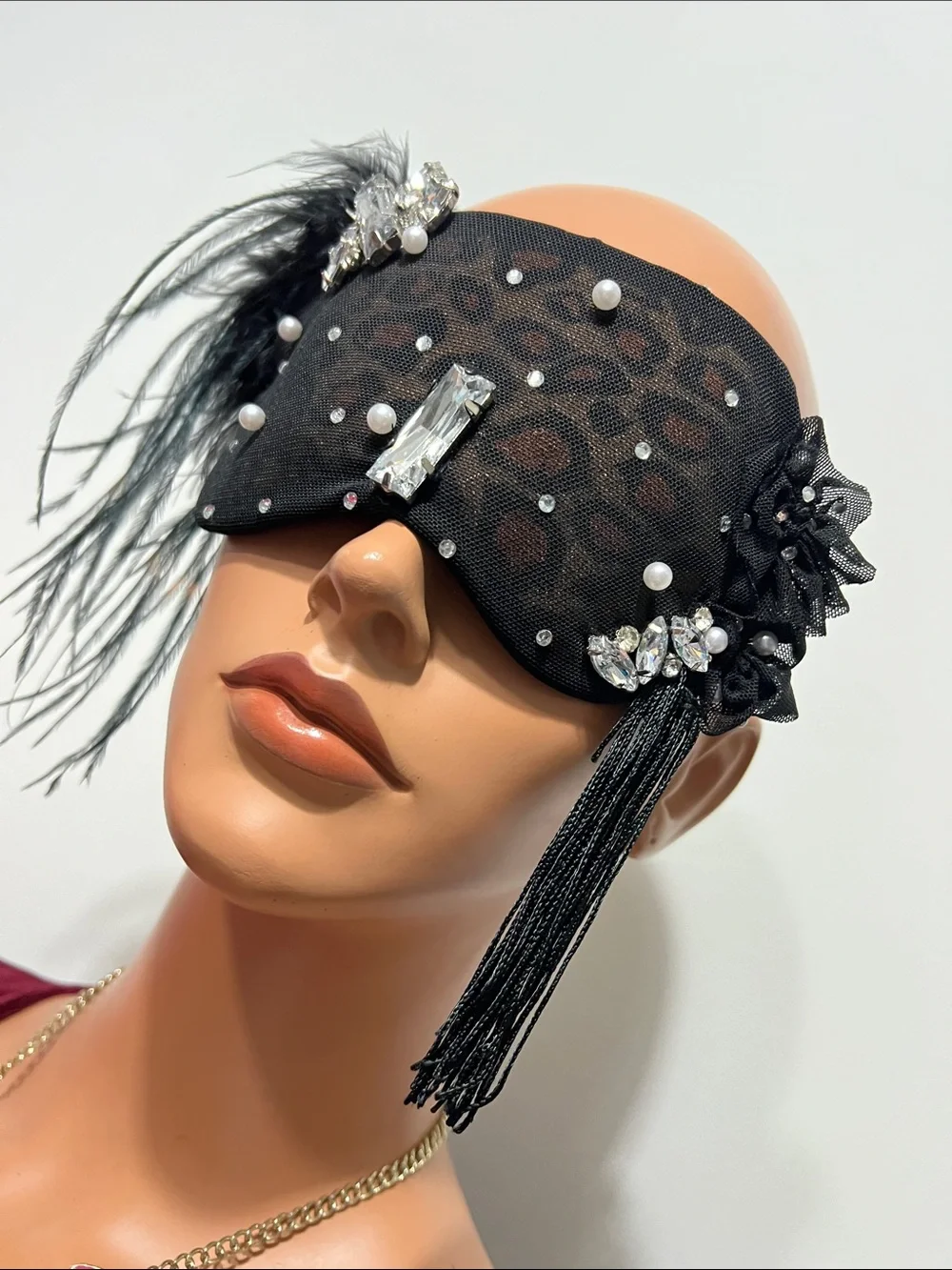 Black Embellished Feathered Masquerade Eye Mask